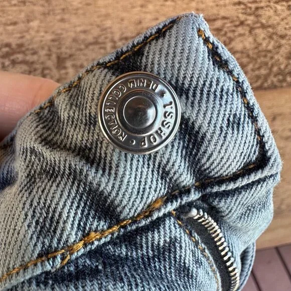 Distressed Blue Denim Jeans W/ Rhinestone Trim & Raw Hem For Women - Picture 2 of 14